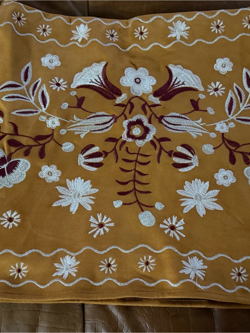 Mi Ami  Mustard Yellow Mini Skirt with White and Burgundy Floral Embroidery
